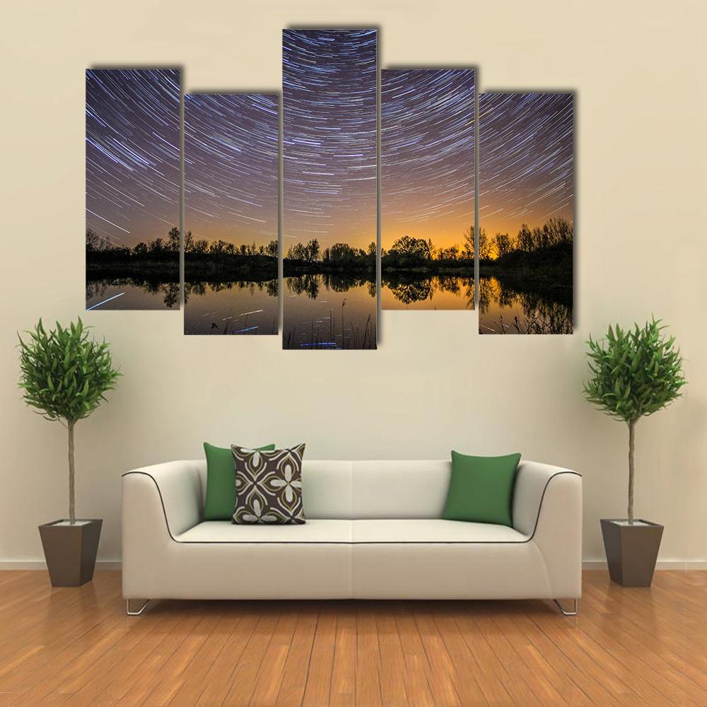 Star Trails With Reflection In Lake Canvas Wall Art-5 Pop-Gallery Wrap-47" x 32"-Tiaracle