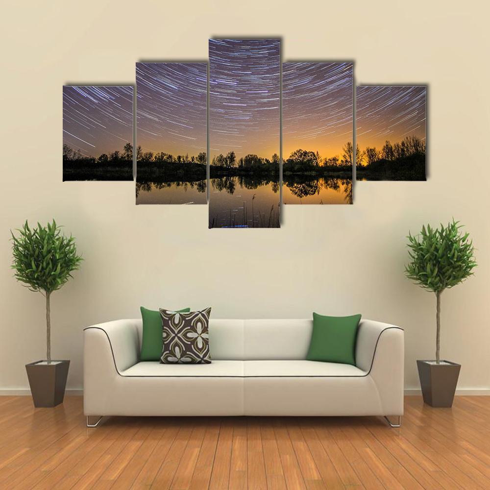 Star Trails With Reflection In Lake Canvas Wall Art-5 Star-Gallery Wrap-62" x 32"-Tiaracle