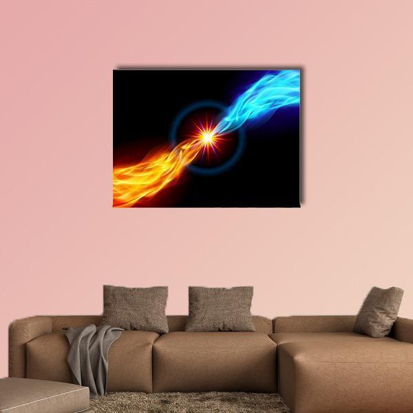 Starburst of Fire and Ice Canvas Wall Art in black, orange and blue, single panel hung on a wall