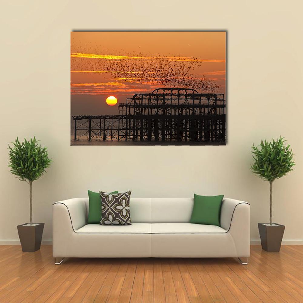 Starlings Over Pier Canvas Wall Art-1 Piece-Gallery Wrap-48" x 32"-Tiaracle