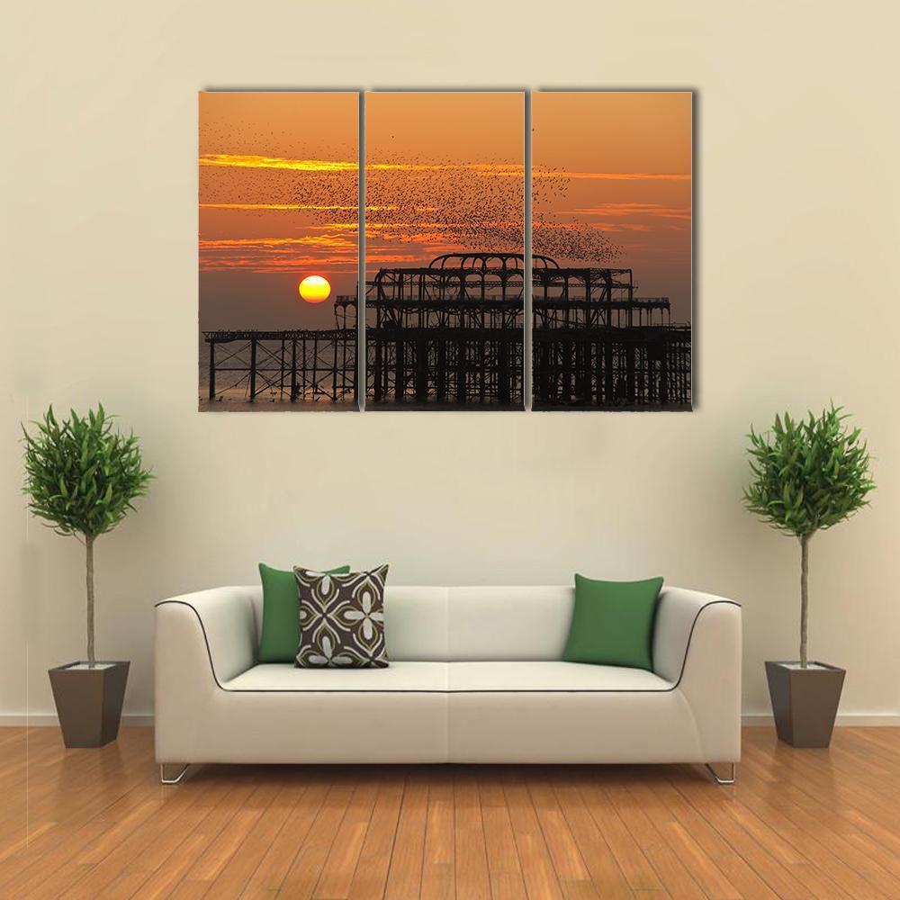 Starlings Over Pier Canvas Wall Art-3 Horizontal-Gallery Wrap-37" x 24"-Tiaracle