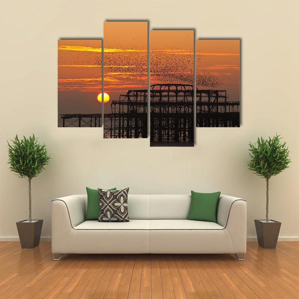 Starlings Over Pier Canvas Wall Art-4 Pop-Gallery Wrap-50" x 32"-Tiaracle