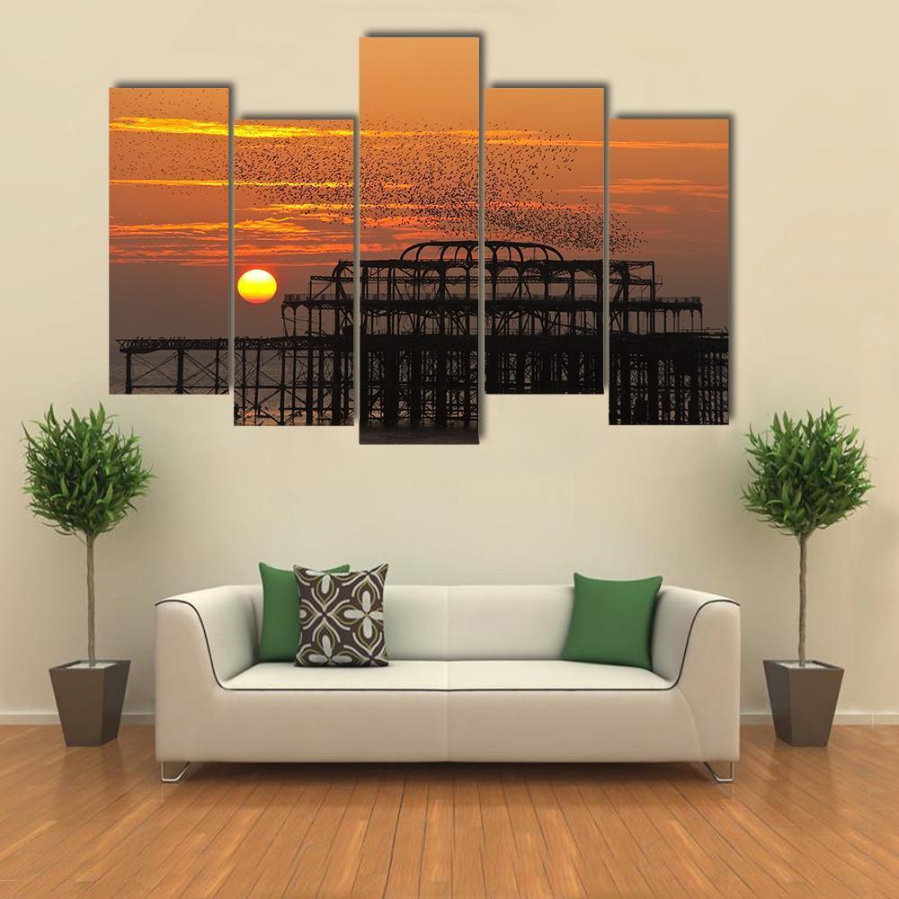 Starlings Over Pier Canvas Wall Art-5 Pop-Gallery Wrap-47" x 32"-Tiaracle