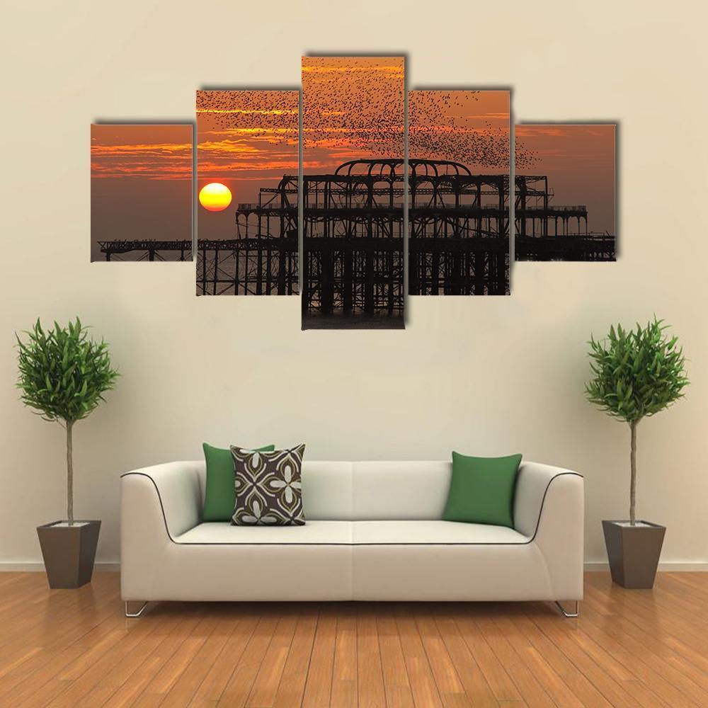 Starlings Over Pier Canvas Wall Art-5 Star-Gallery Wrap-62" x 32"-Tiaracle