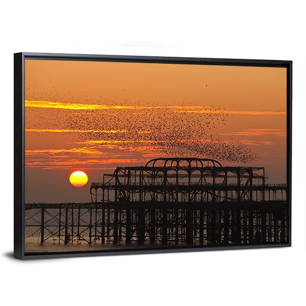 Starlings Over Pier Canvas Wall Art-3 Horizontal-Gallery Wrap-25" x 16"-Tiaracle