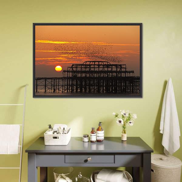 Starlings Over Pier Canvas Wall Art-1 Piece-Floating Frame-24" x 16"-Tiaracle