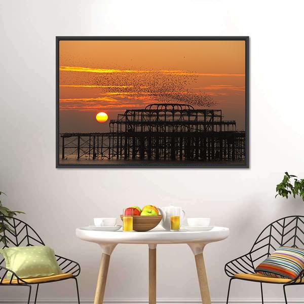 Starlings Over Pier Canvas Wall Art-3 Horizontal-Gallery Wrap-25" x 16"-Tiaracle