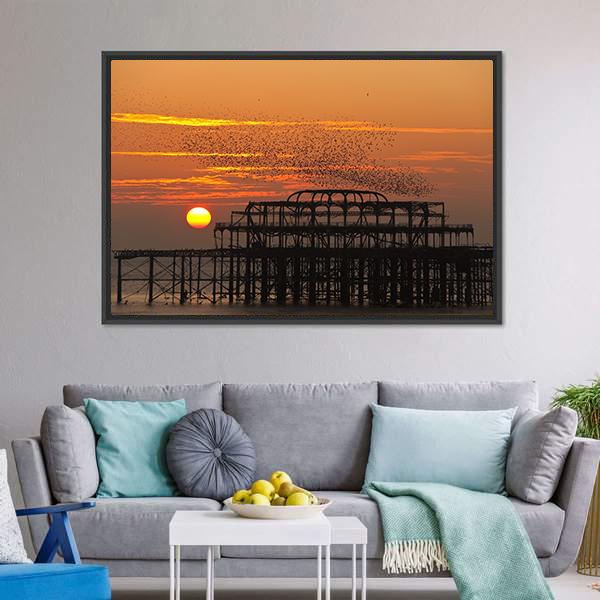 Starlings Over Pier Canvas Wall Art-3 Horizontal-Gallery Wrap-25" x 16"-Tiaracle