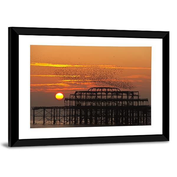Starlings Over Pier Canvas Wall Art-3 Horizontal-Gallery Wrap-25" x 16"-Tiaracle