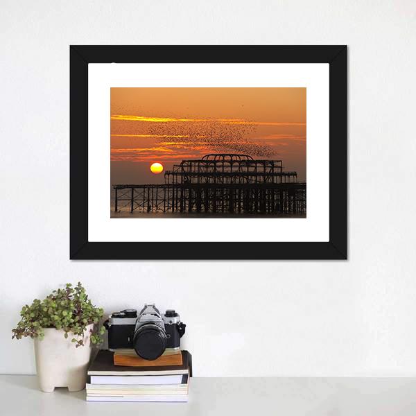 Starlings Over Pier Canvas Wall Art-1 Piece-Framed Print-20" x 16"-Tiaracle