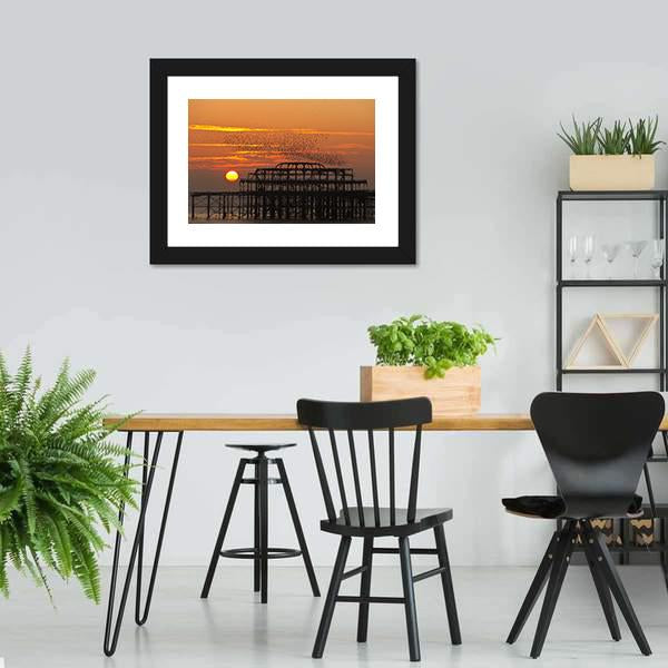 Starlings Over Pier Canvas Wall Art-3 Horizontal-Gallery Wrap-25" x 16"-Tiaracle