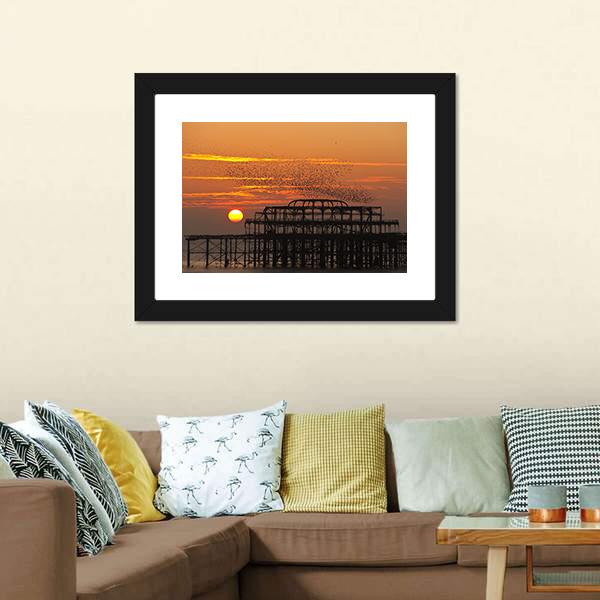 Starlings Over Pier Canvas Wall Art-3 Horizontal-Gallery Wrap-25" x 16"-Tiaracle