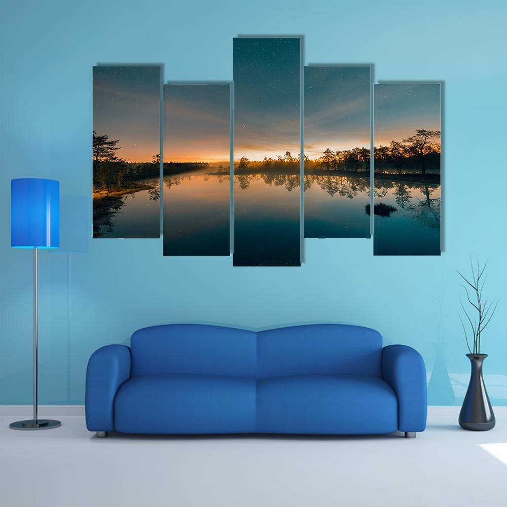 Starry Night At A Swamp Canvas Wall Art-5 Pop-Gallery Wrap-47" x 32"-Tiaracle