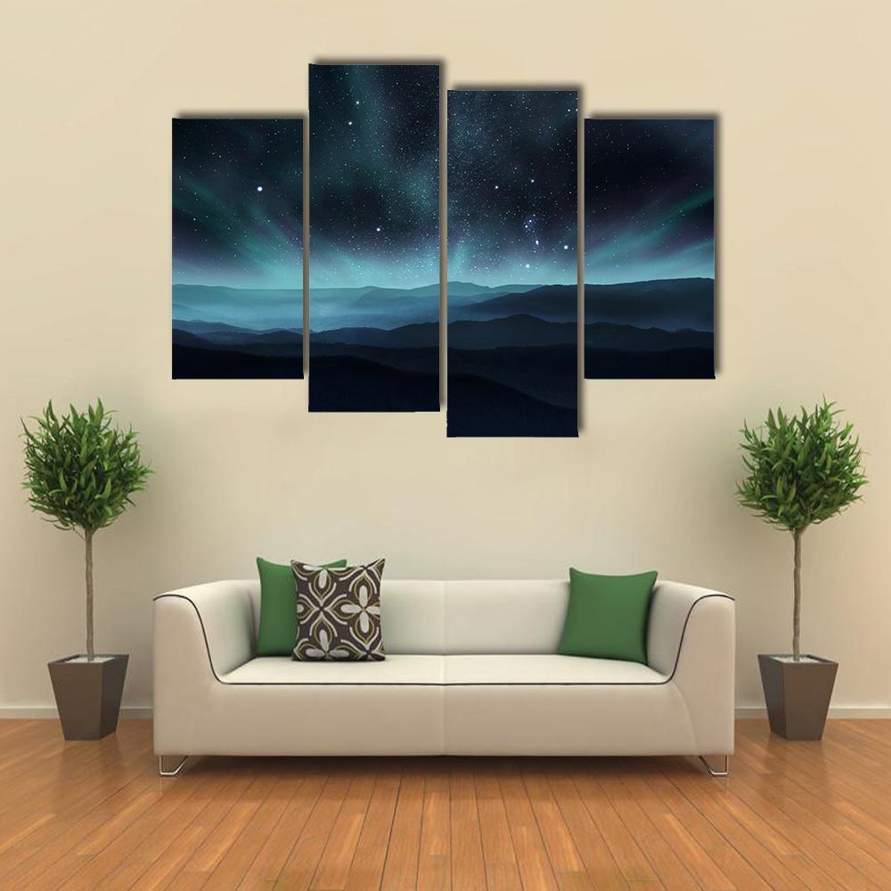 Starry Night Sky With Aurora Over Hills Canvas Wall Art-4 Pop-Gallery Wrap-50" x 32"-Tiaracle