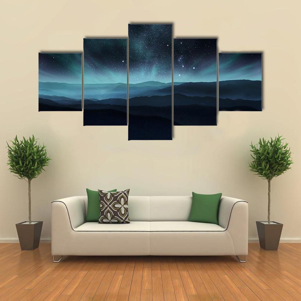 Starry Night Sky With Aurora Over Hills Canvas Wall Art-5 Star-Gallery Wrap-62" x 32"-Tiaracle