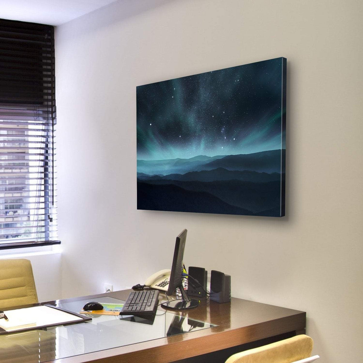 Starry Night Sky With Aurora Over Hills Canvas Wall Art-3 Horizontal-Gallery Wrap-25" x 16"-Tiaracle