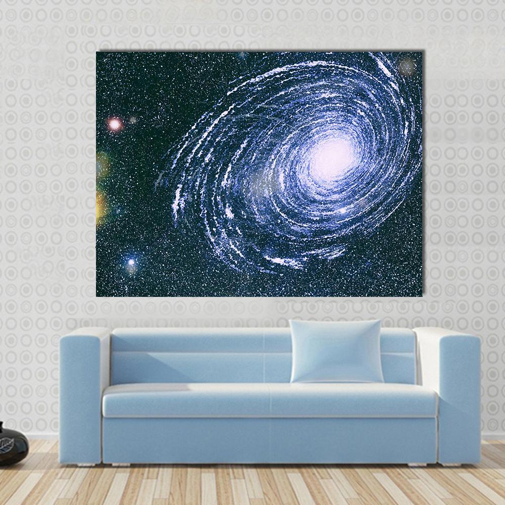Starry Outer Space Canvas Wall Art in black, white and blue, single panel hung on a wall