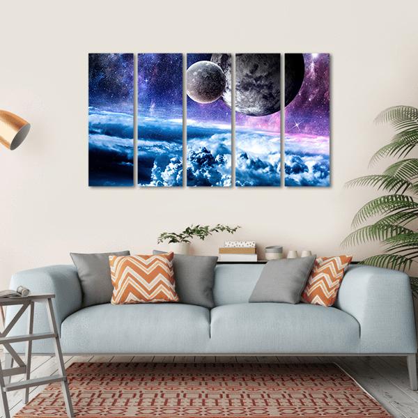 Starry Sky And Space Planets Canvas Wall Art-5 Horizontal-Gallery Wrap-22" x 12"-Tiaracle