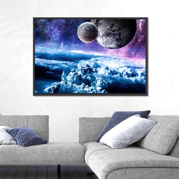 Starry Sky And Space Planets Canvas Wall Art-3 Horizontal-Gallery Wrap-25" x 16"-Tiaracle