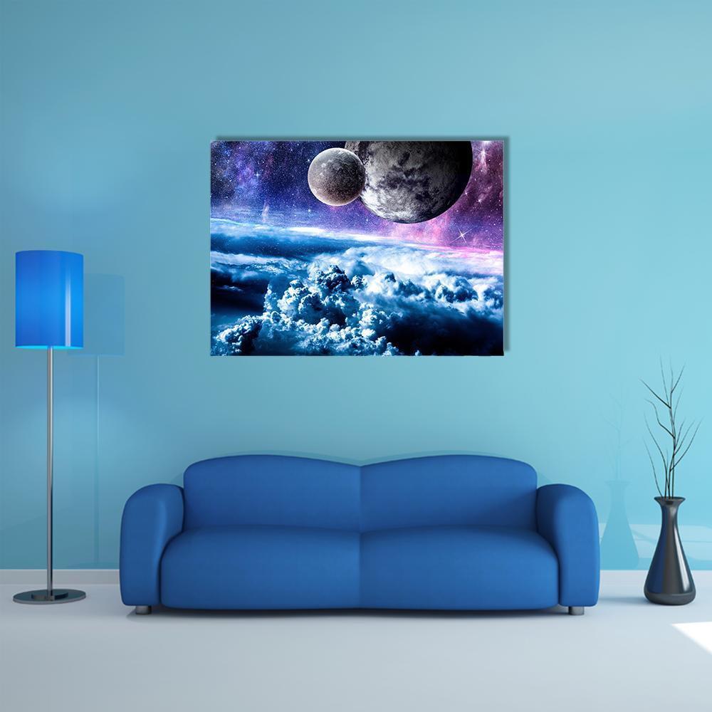 Starry Sky with Two Planets Canvas Wall Art in white, blue and purple, single panel hung on a wall