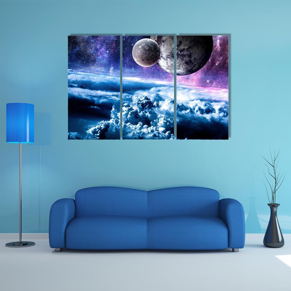 Starry Sky And Space Planets Canvas Wall Art-3 Horizontal-Gallery Wrap-37" x 24"-Tiaracle