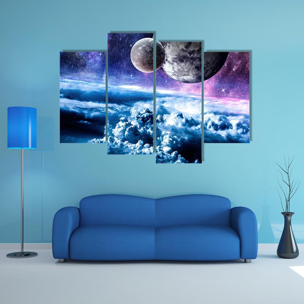 Starry Sky And Space Planets Canvas Wall Art-4 Pop-Gallery Wrap-50" x 32"-Tiaracle