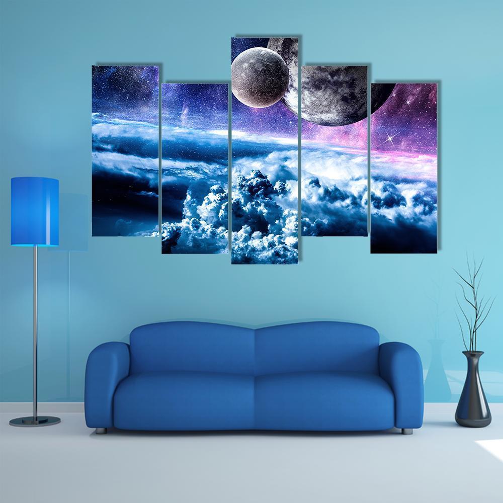Starry Sky And Space Planets Canvas Wall Art-5 Pop-Gallery Wrap-47" x 32"-Tiaracle
