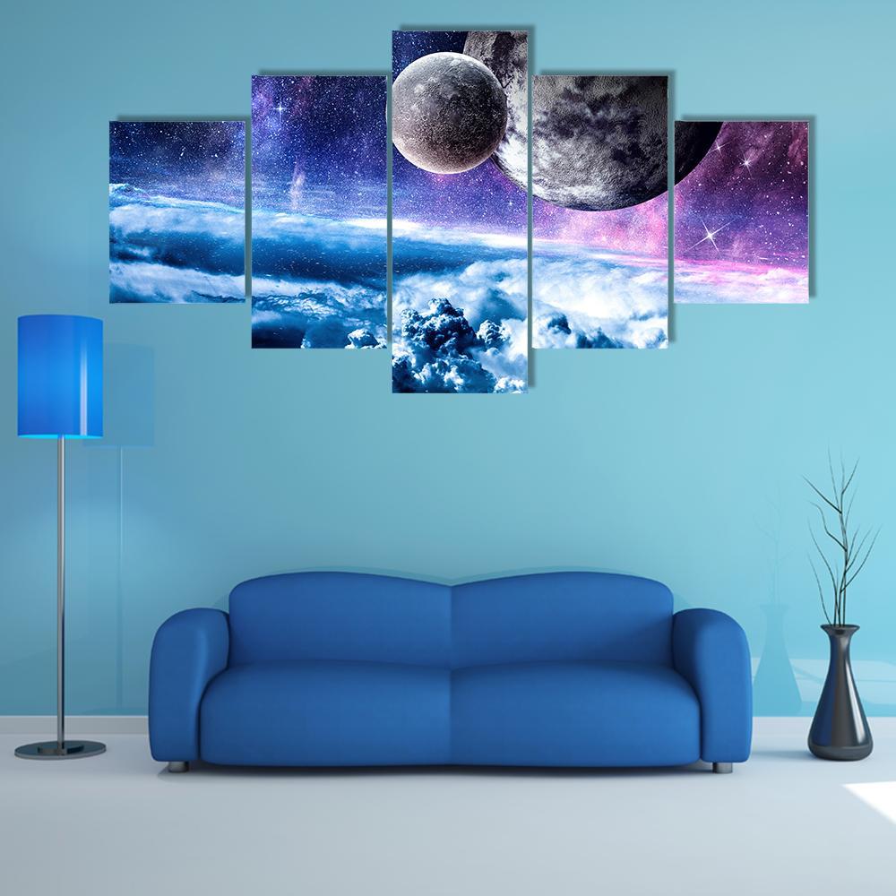 Starry Sky And Space Planets Canvas Wall Art-5 Star-Gallery Wrap-62" x 32"-Tiaracle