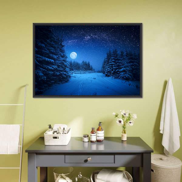 Moonlit Winter Path Under Starry Sky Canvas Wall Art in white, blue and navy, framed canvas, product view on a white background