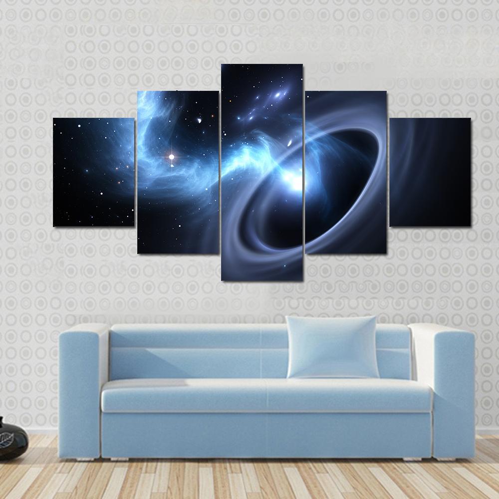 Stars And Material Falls Into A Black Hole Canvas Wall Art-5 Star-Gallery Wrap-62" x 32"-Tiaracle