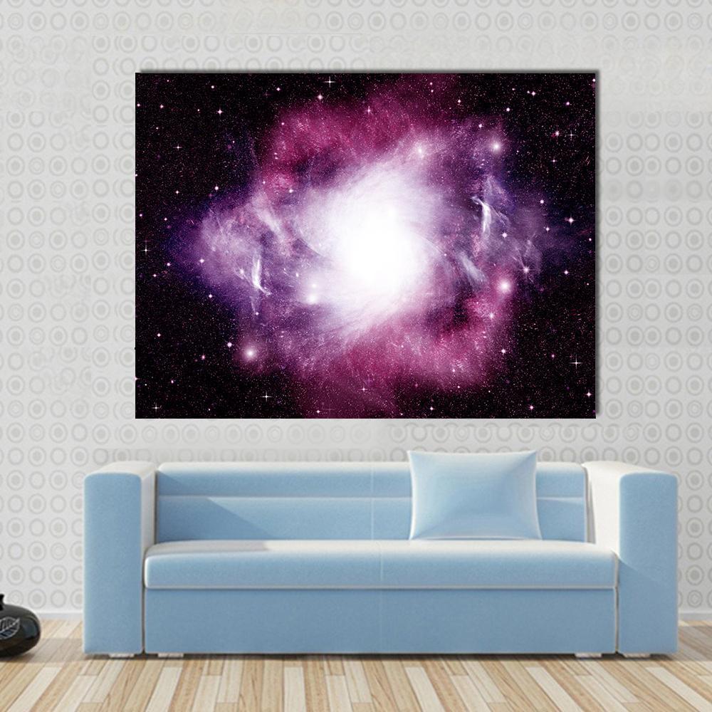 Stars Dust and Gas Nebula in a Far Galaxy Canvas Wall Art in black, white and purple, single panel hung on a wall