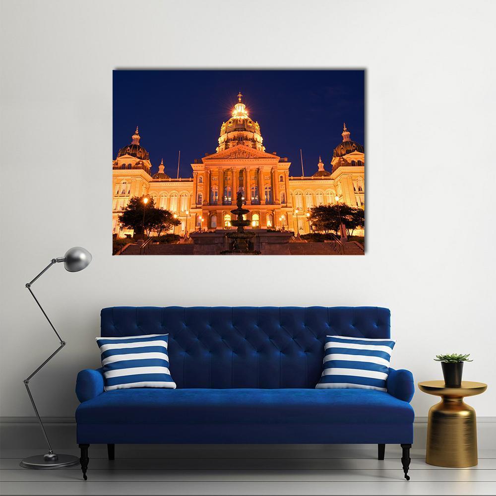 Des Moines State Capitol at Night Canvas Wall Art in orange, yellow and blue, single panel hung on a wall
