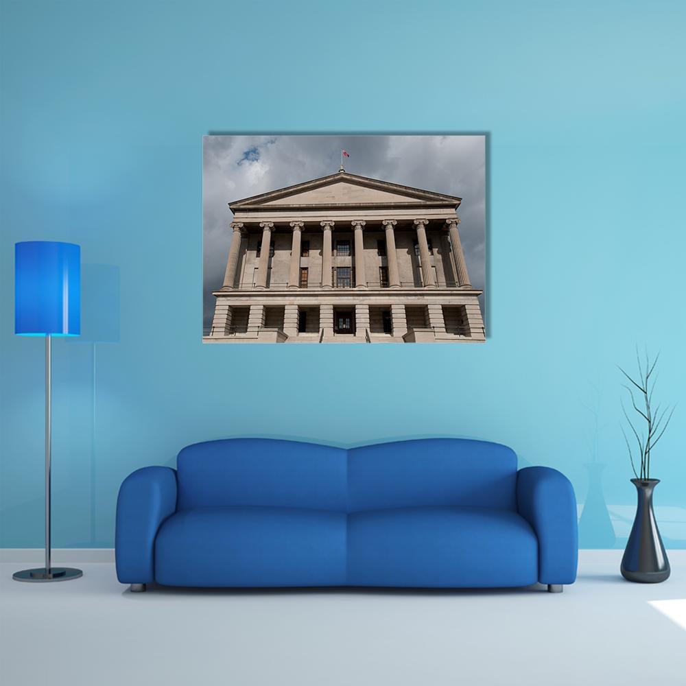 Nashville State Capitol Facade Canvas Wall Art in gray and beige, single panel hung on a wall