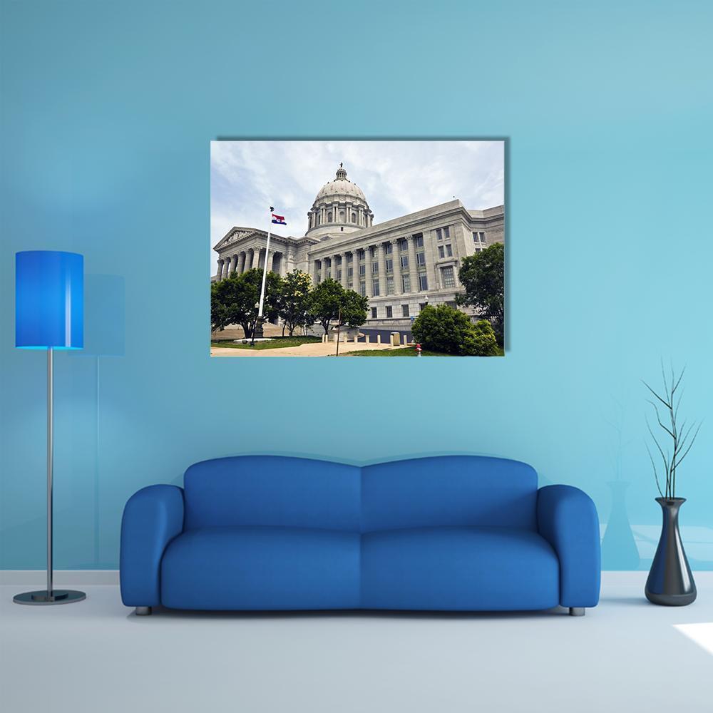 Missouri State Capitol Building Canvas Wall Art in white, gray and blue, single panel hung on a wall