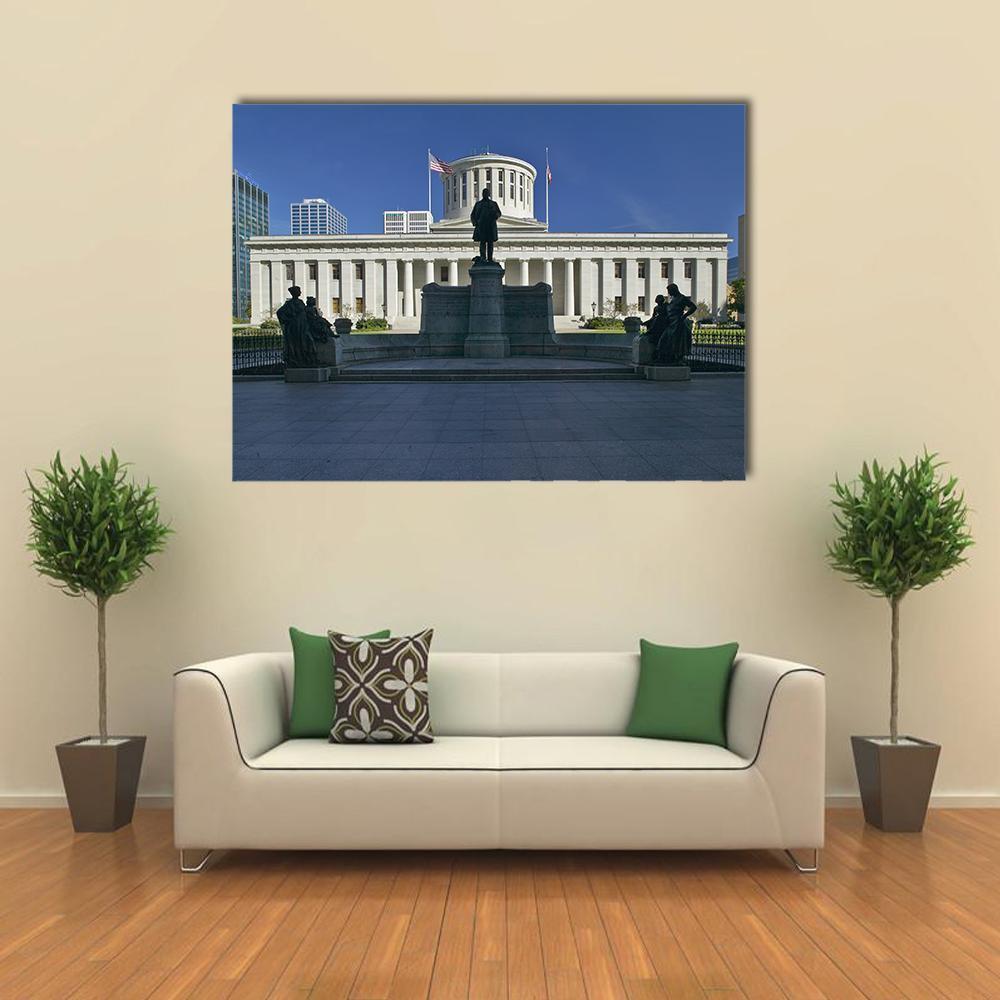 Ohio Statehouse with Flags and Statue Canvas Wall Art in white, gray and blue, single panel hung on a wall