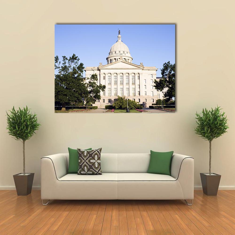 Oklahoma State Capitol Canvas Wall Art in white, beige and blue, single panel hung on a wall