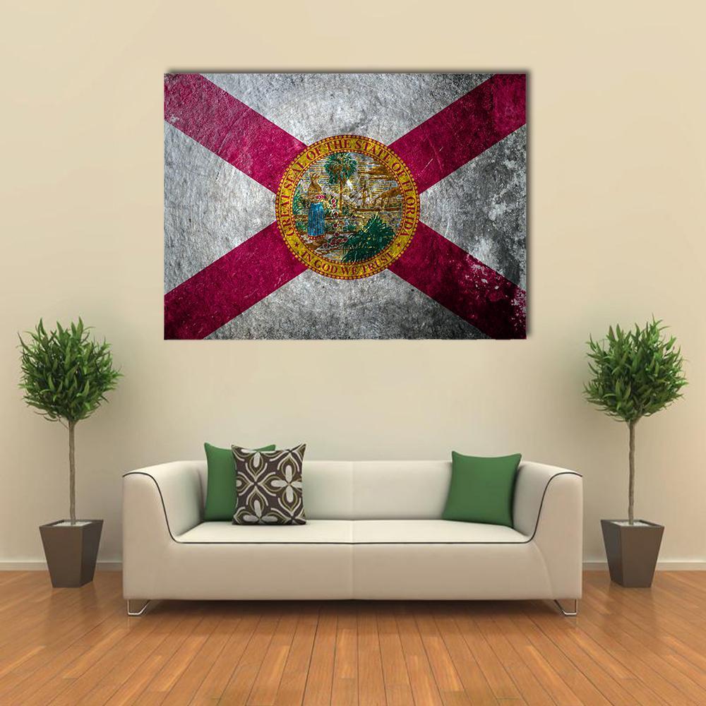 Florida State Flag with Distressed Texture Canvas Wall Art in white, gray and red, single panel hung on a wall