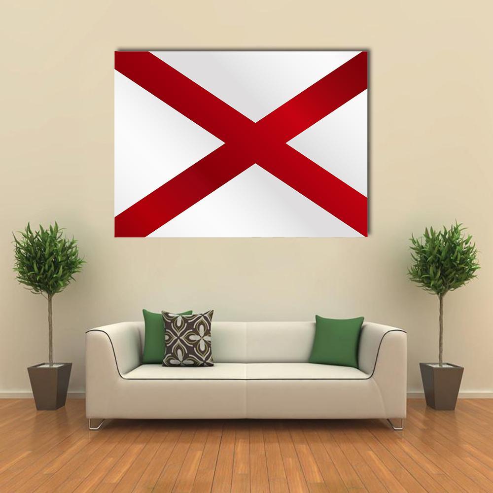 Alabama State Flag Crimson Saltire Canvas Wall Art in white and red, single panel hung on a wall