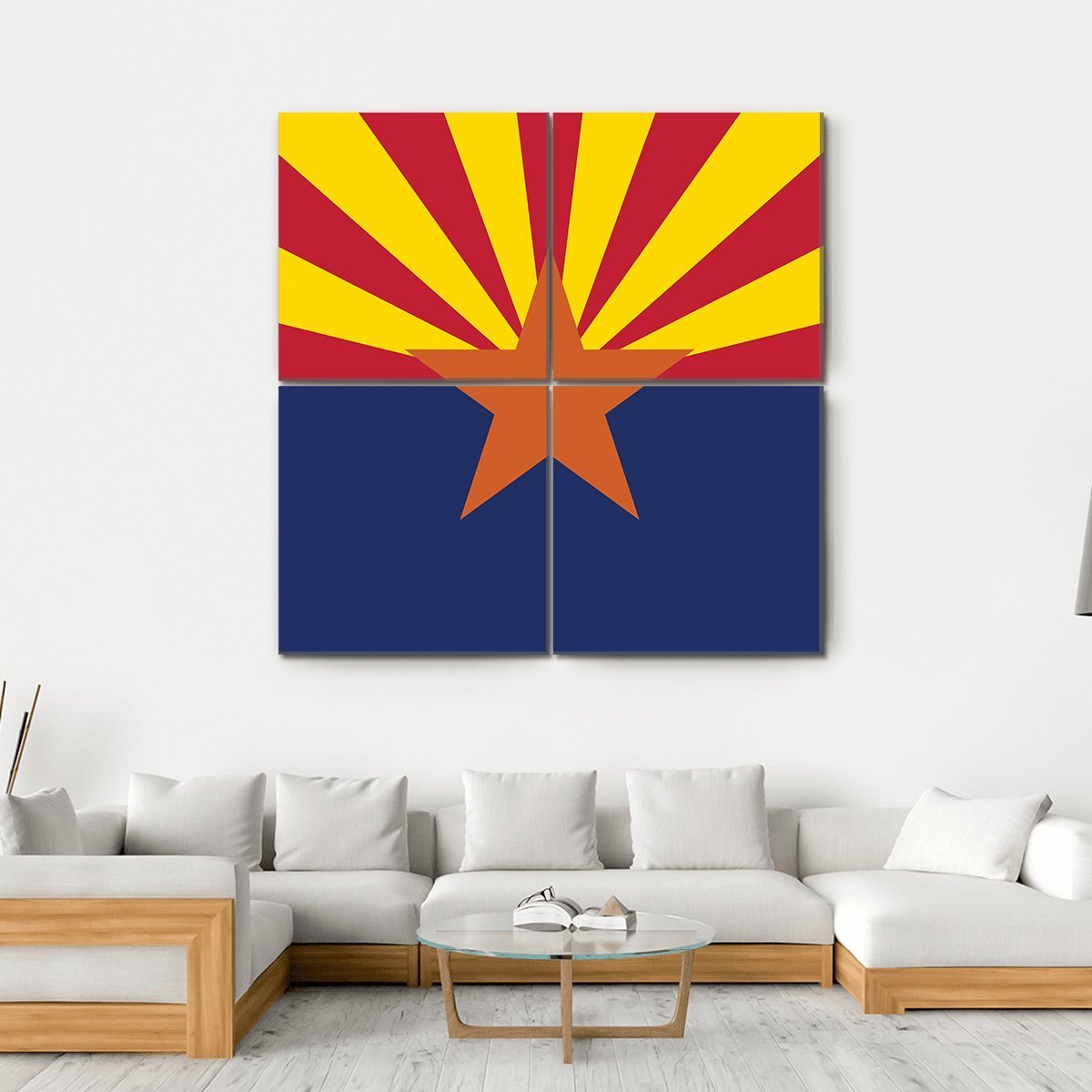 Arizona State Flag Canvas Wall Art in red, yellow and blue, hung on a wall