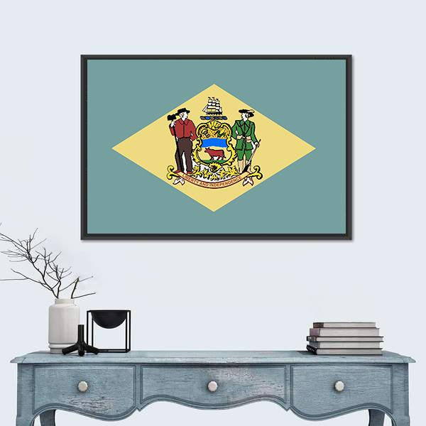 Delaware State Flag Canvas Wall Art in beige, yellow and blue, framed canvas, product view on a white background