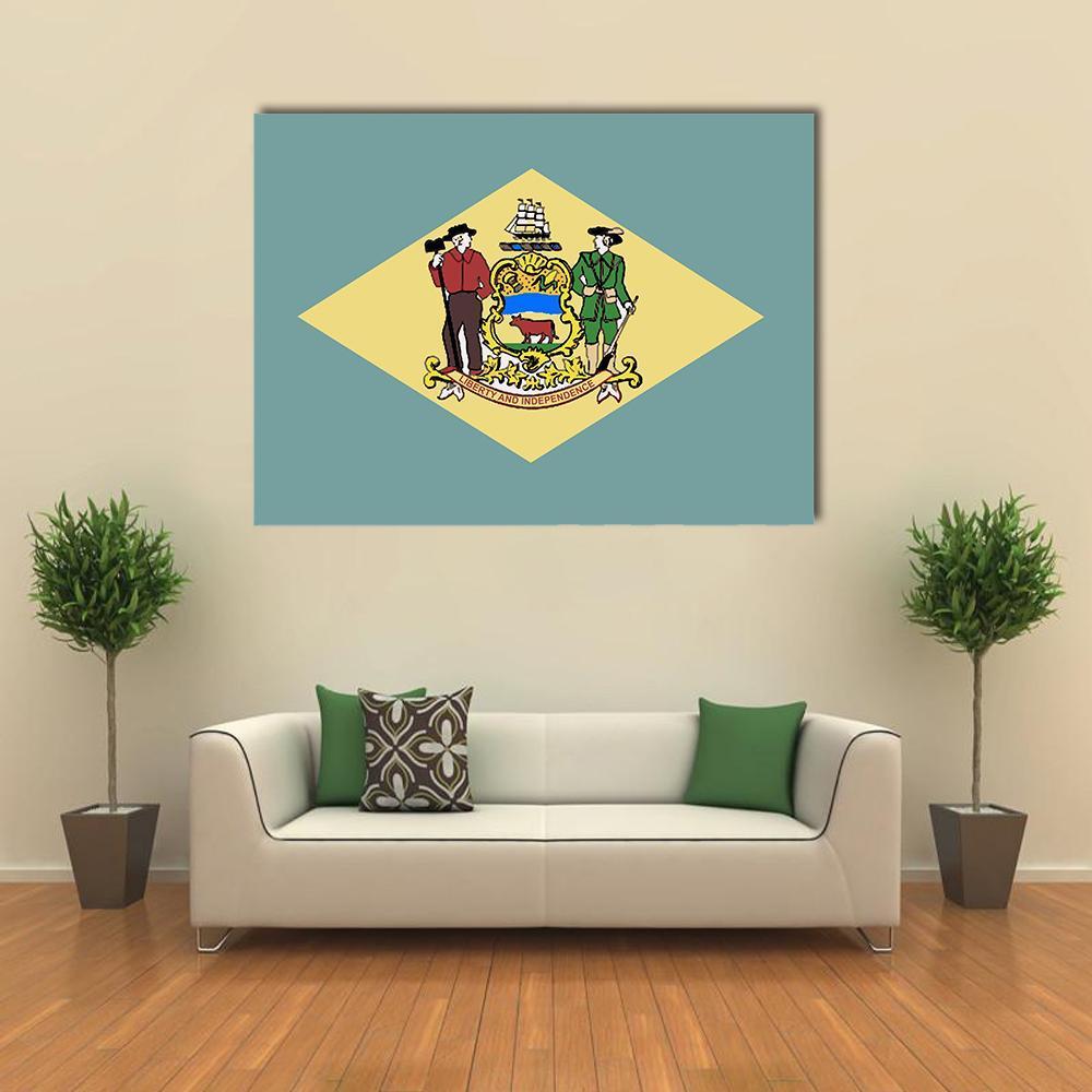 Delaware State Flag Canvas Wall Art in beige, yellow and blue, single panel hung on a wall