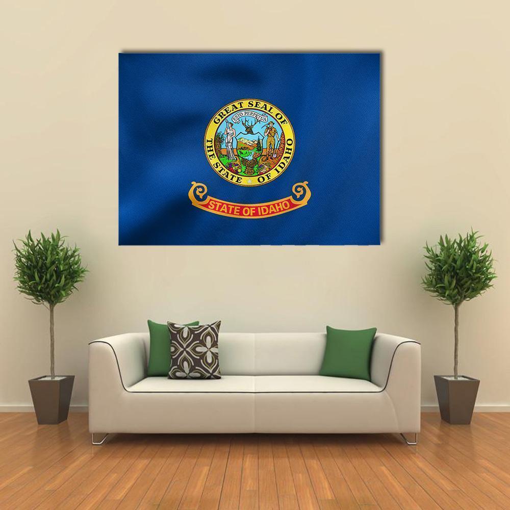 State of Idaho Flag Canvas Wall Art in gold and blue, single panel hung on a wall
