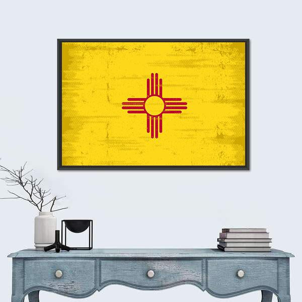 New Mexico State Flag Canvas Wall Art in red and yellow, framed canvas, product view on a white background