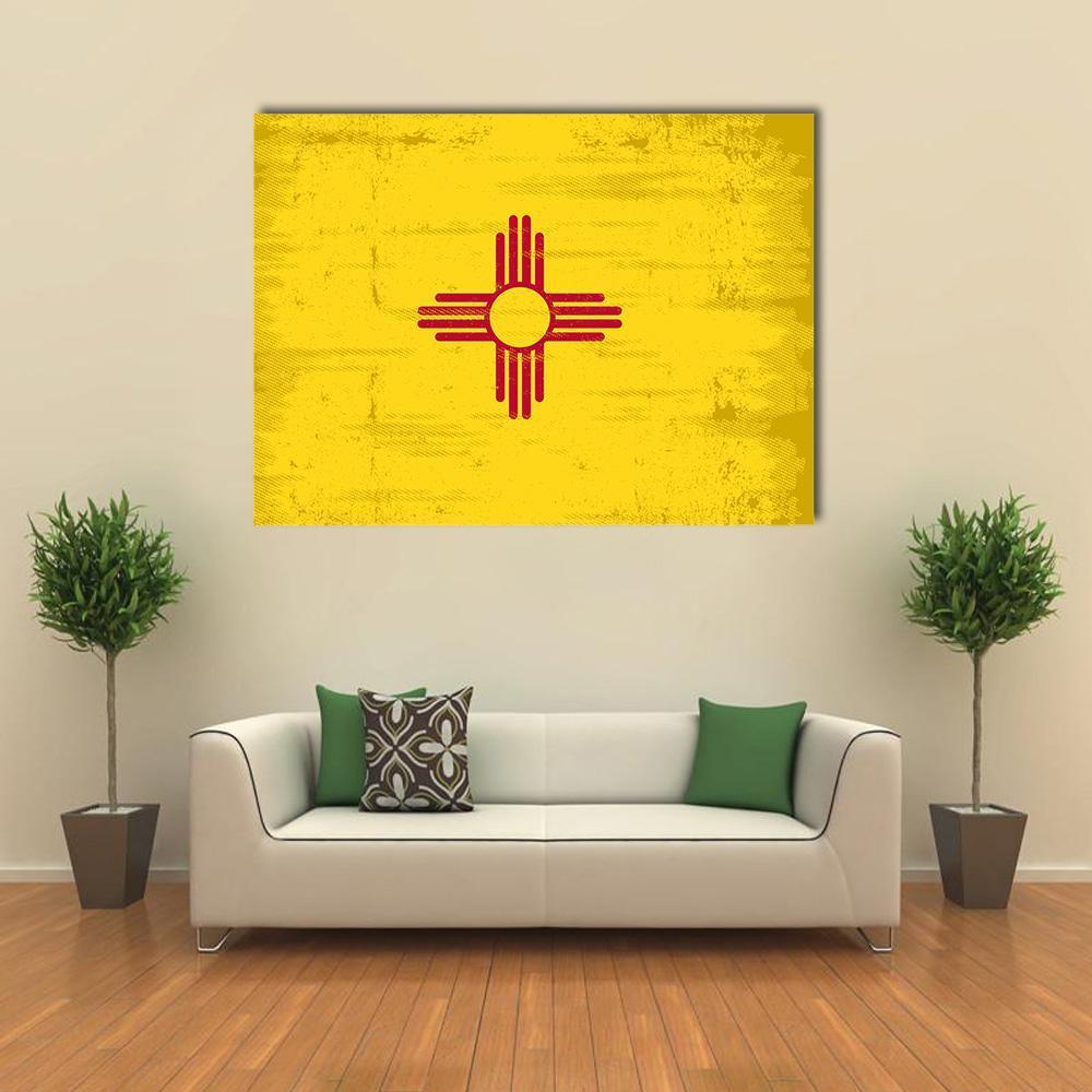 New Mexico State Flag Canvas Wall Art in red and yellow, single panel hung on a wall
