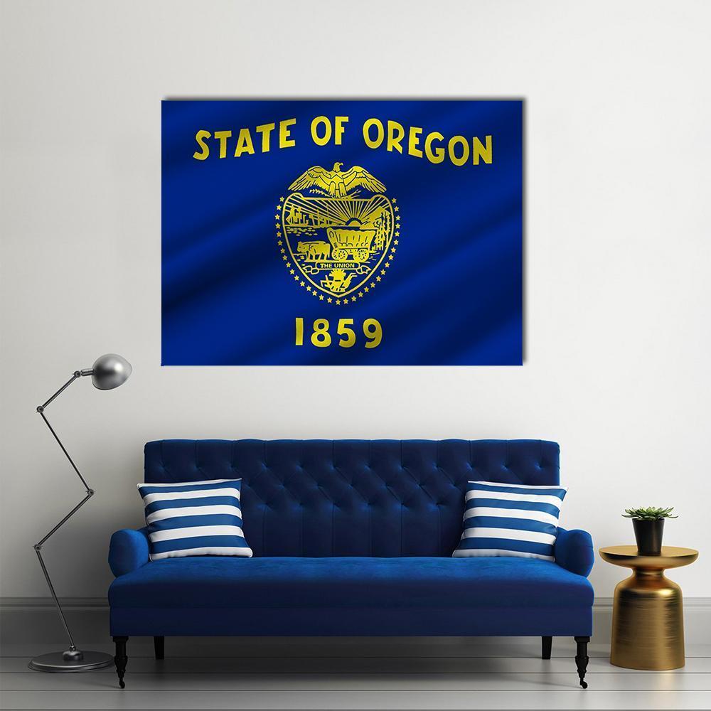 Oregon State Flag Canvas Wall Art in gold and blue, single panel hung on a wall