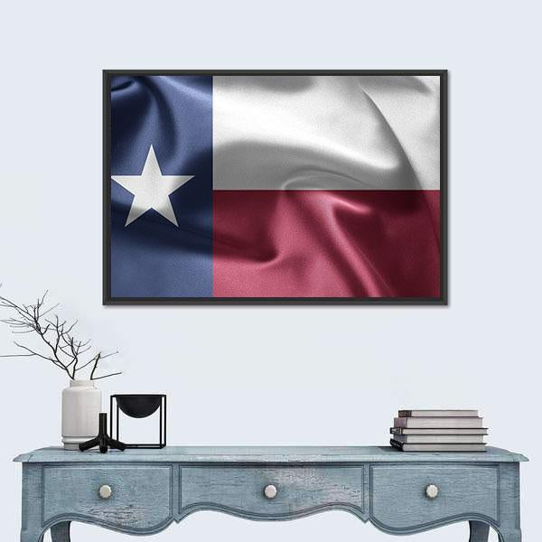 Texas Flag with Diagonal Fold and Fabric Texture Canvas Wall Art in white, red and blue, framed canvas, product view on a white background