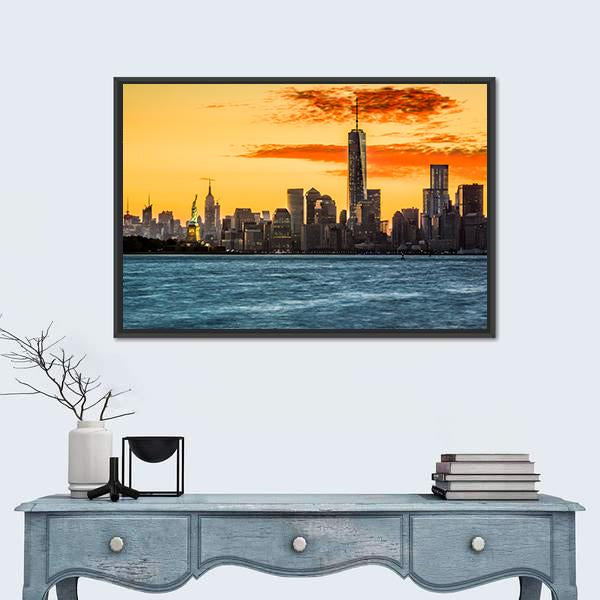 Statue Of Liberty Facing Freedom Tower Canvas Wall Art-1 Piece-Floating Frame-24" x 16"-Tiaracle