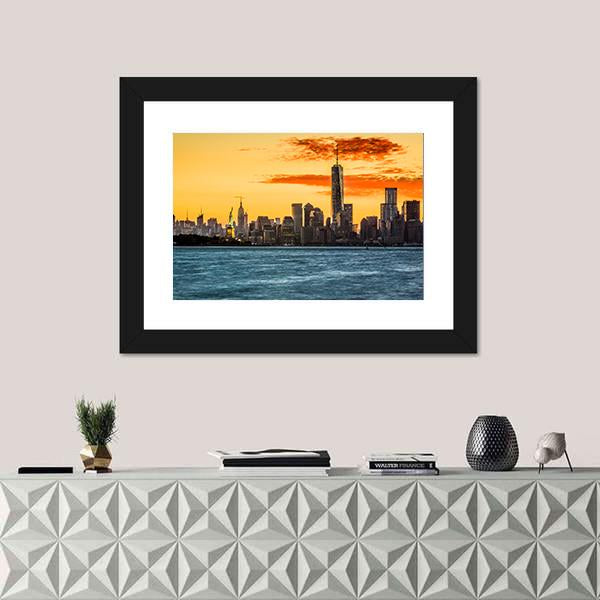 Statue Of Liberty Facing Freedom Tower Canvas Wall Art-1 Piece-Framed Print-20" x 16"-Tiaracle
