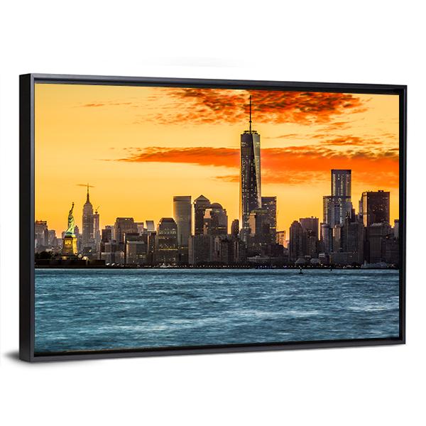 Statue Of Liberty Facing Freedom Tower Canvas Wall Art-3 Horizontal-Gallery Wrap-25" x 16"-Tiaracle