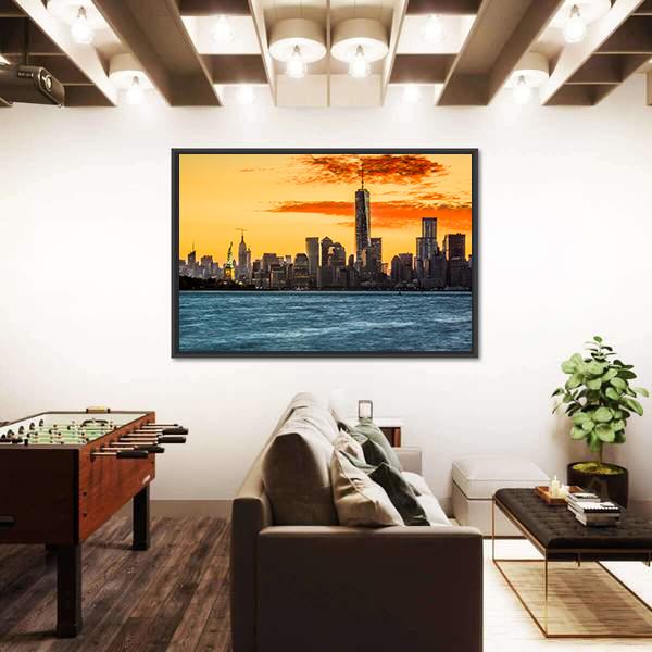 Statue Of Liberty Facing Freedom Tower Canvas Wall Art-3 Horizontal-Gallery Wrap-25" x 16"-Tiaracle